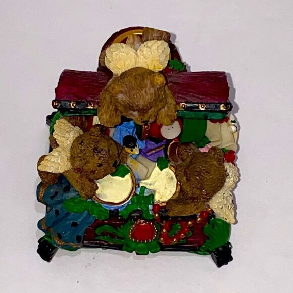 Vintage Three Angle Bears Inside Of A Red And Green Toybox W Candlestick Holder - Picture 8 of 8